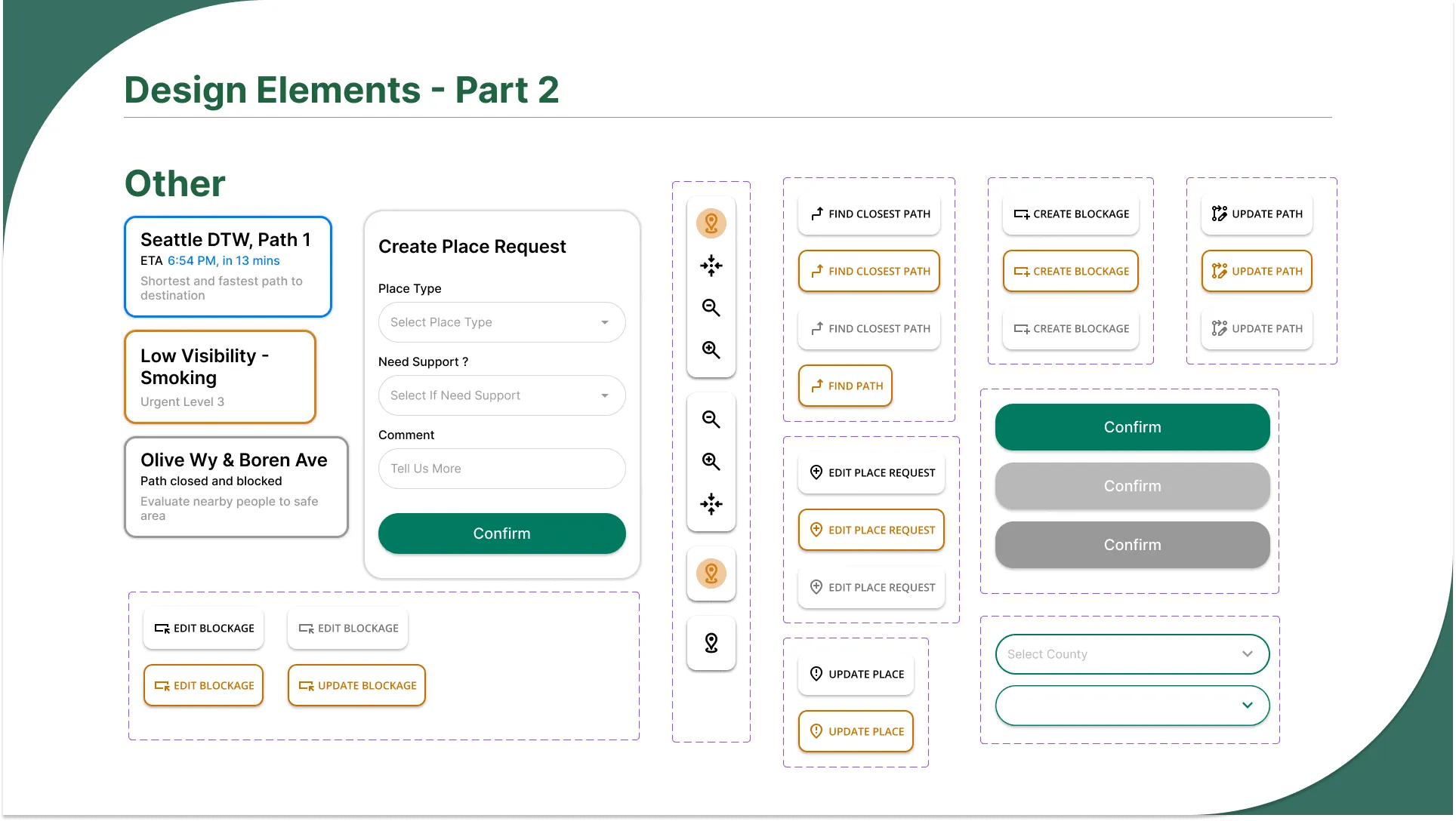 Design elements, part 2: location cards for routes and hazards, a create place request form, map controls, and primary and secondary button styles