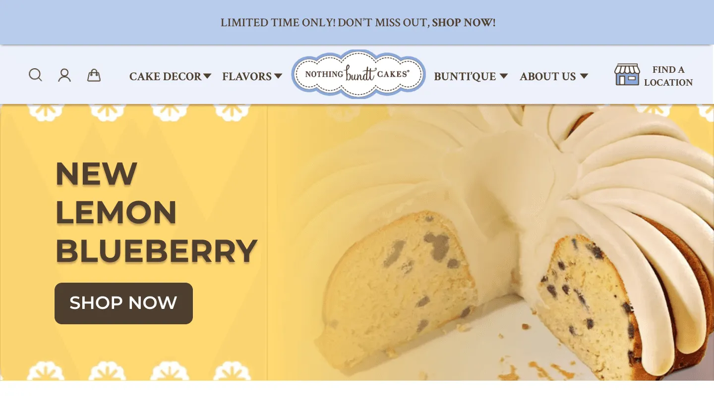 Redesigned Nothing Bundt Cakes home page with a new lemon blueberry flavour banner