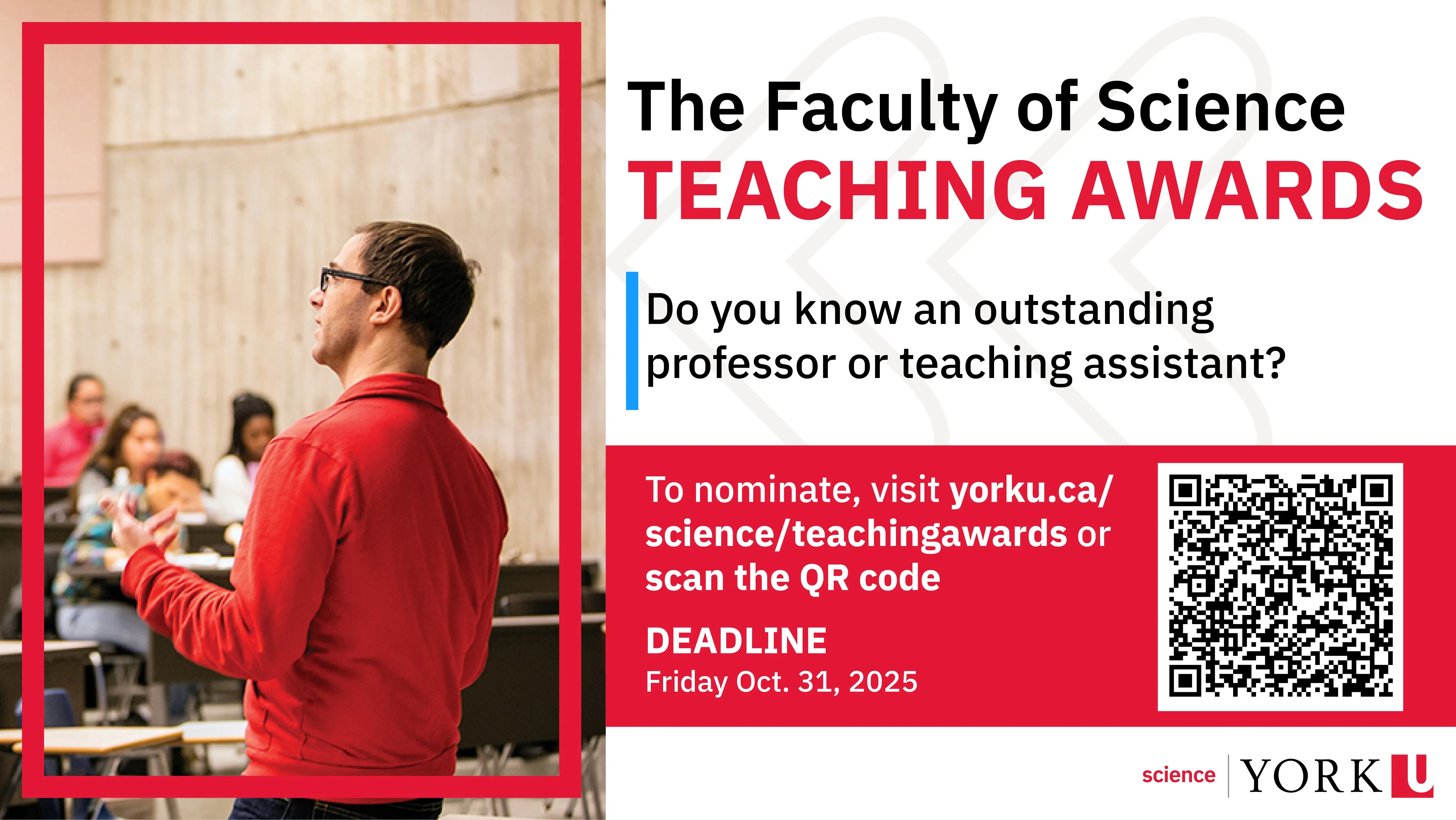 Faculty of Science Teaching Awards poster with a professor lecturing, asking students to nominate their favourite teacher, with a QR code