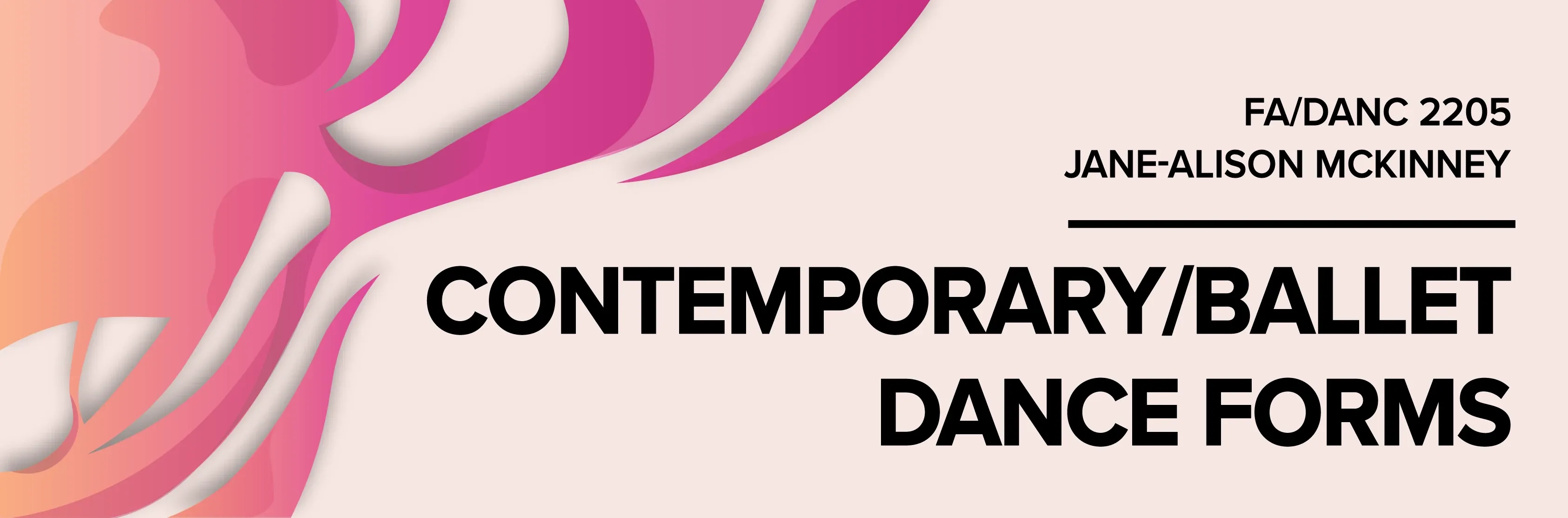 Contemporary and Ballet Dance Forms banner with flowing pink and orange shapes