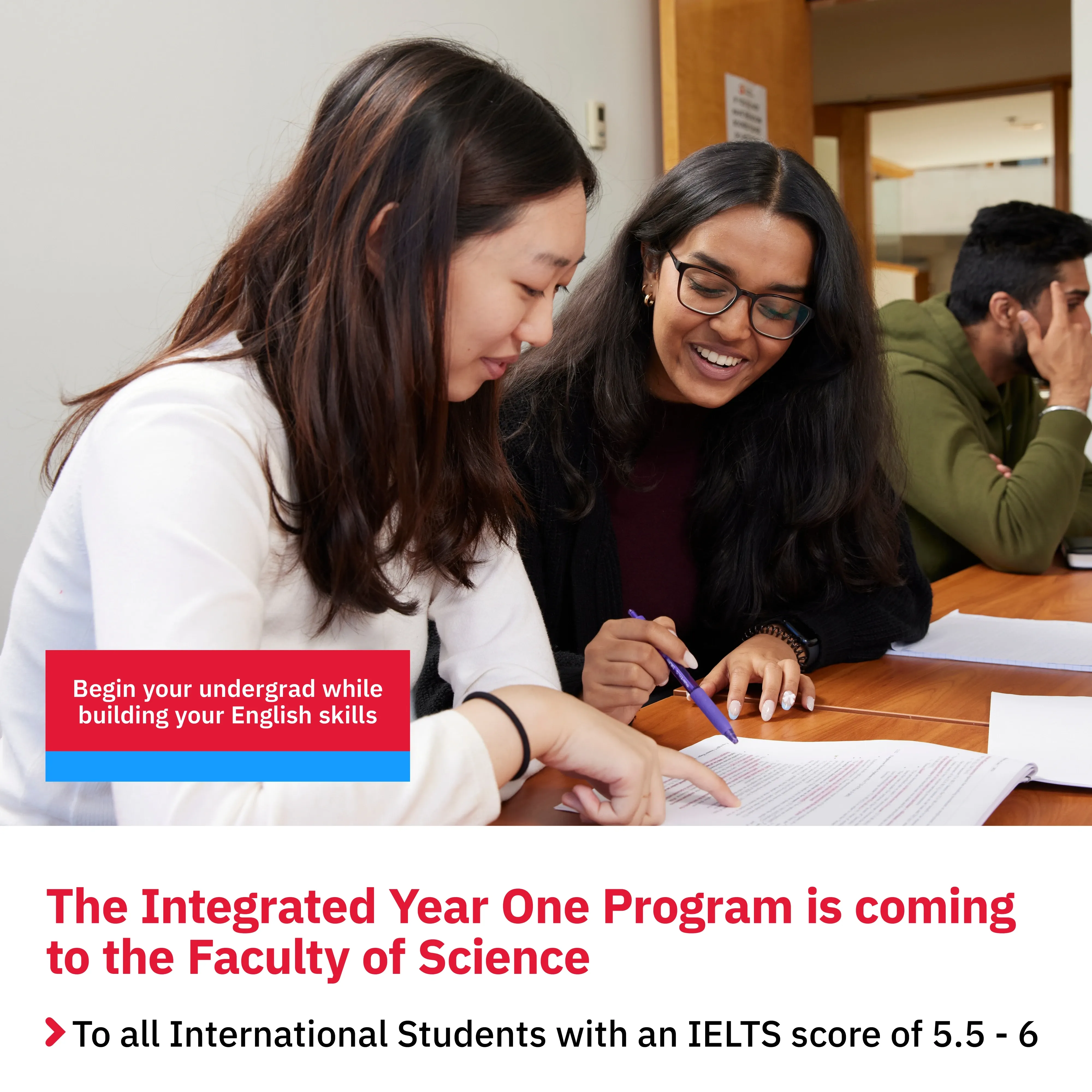 Social post announcing the Integrated Year One Program at the Faculty of Science for international students with an IELTS score of 5.5 to 6