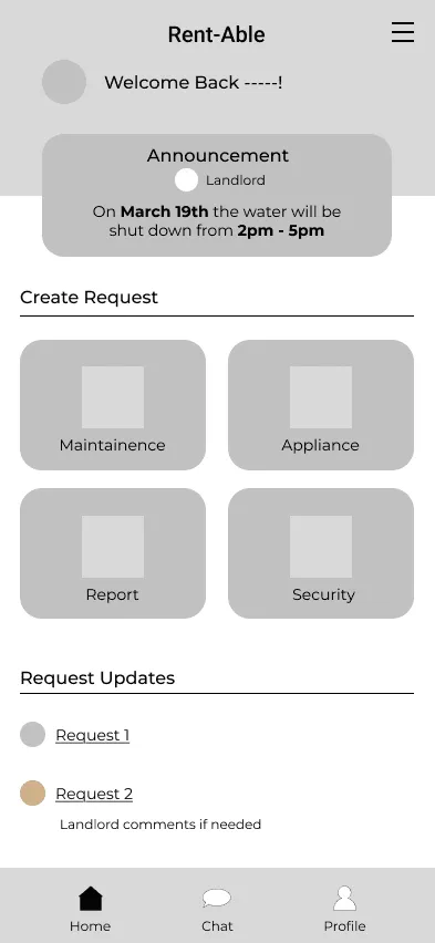 Rent-Able home screen with a building announcement and request categories