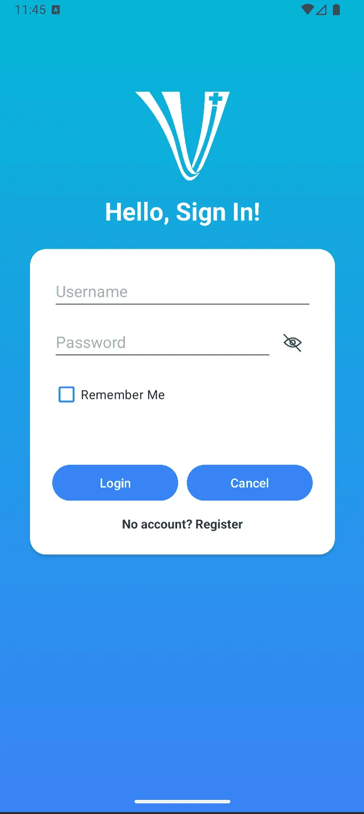 Vita+ sign-in screen with the Vita+ logo on a blue gradient