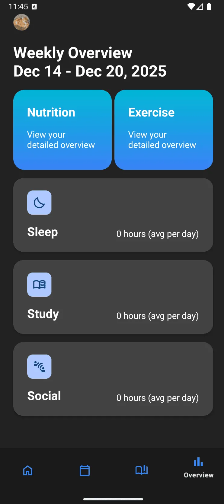 Vita+ weekly overview screen in dark mode with nutrition, exercise, sleep, study and social summaries