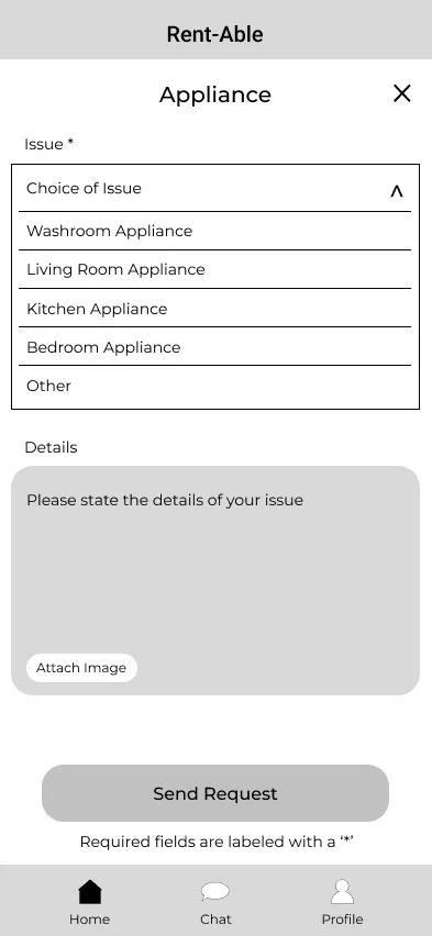 Rent-Able appliance request form with an issue dropdown and photo upload