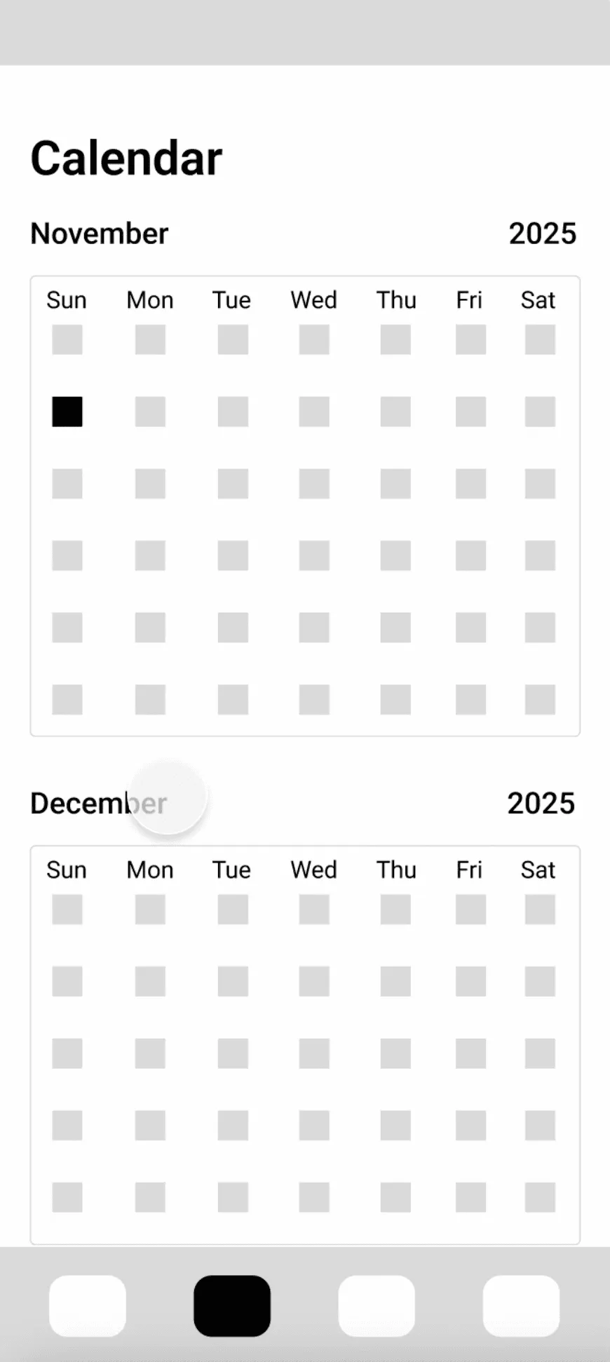 Wireframe of the monthly calendar with a selectable date grid