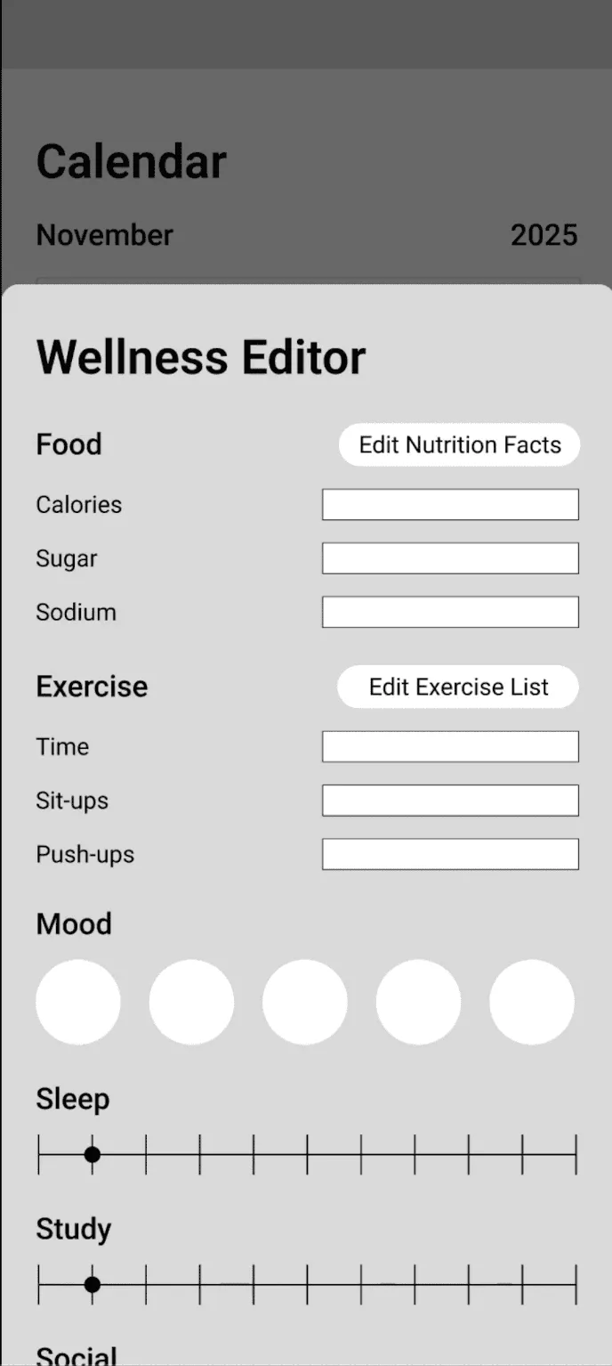 Wireframe of the wellness editor with fields for food, exercise, mood, sleep and study
